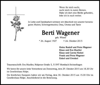 Anzeige von Berti Wagener von Kölner Stadt-Anzeiger / Kölnische Rundschau / Express