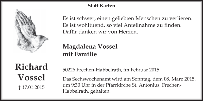  Traueranzeige für Richard Vossel vom 04.03.2015 aus  Wochenende 
