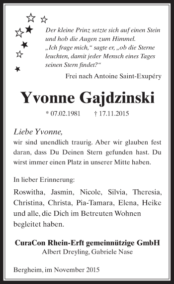 Anzeige von Yvonne Gajdzinski von  Wochenende  Werbepost 