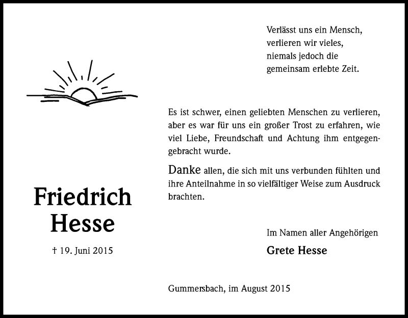  Traueranzeige für Friedrich Hesse vom 22.08.2015 aus Kölner Stadt-Anzeiger / Kölnische Rundschau / Express