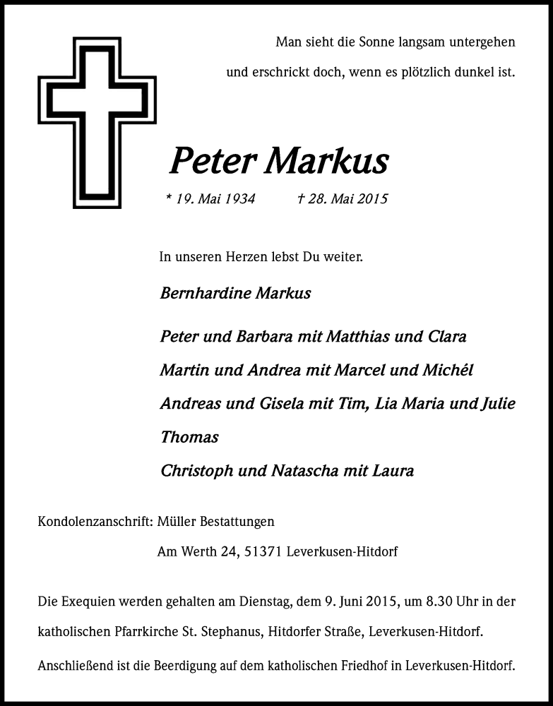  Traueranzeige für Peter Markus vom 06.06.2015 aus Kölner Stadt-Anzeiger / Kölnische Rundschau / Express