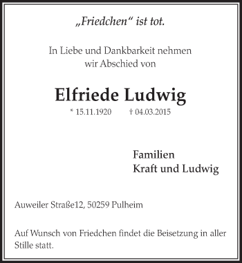 Anzeige von Elfriede Ludwig von  Sonntags-Post 