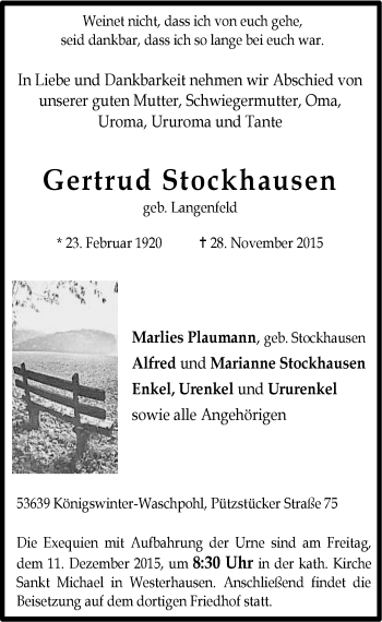 Anzeige von Gertrud Stockhausen von  Extra Blatt 