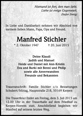 Anzeige von Manfred Stichler von Kölner Stadt-Anzeiger / Kölnische Rundschau / Express