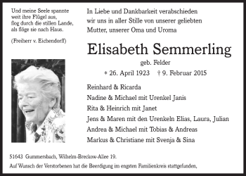 Anzeige von Elisabeth Semmerling von  Anzeigen Echo 