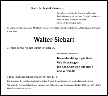 Anzeige von Walter Siebart von Kölner Stadt-Anzeiger / Kölnische Rundschau / Express
