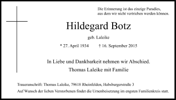 Anzeige von Hildegard Botz von Kölner Stadt-Anzeiger / Kölnische Rundschau / Express