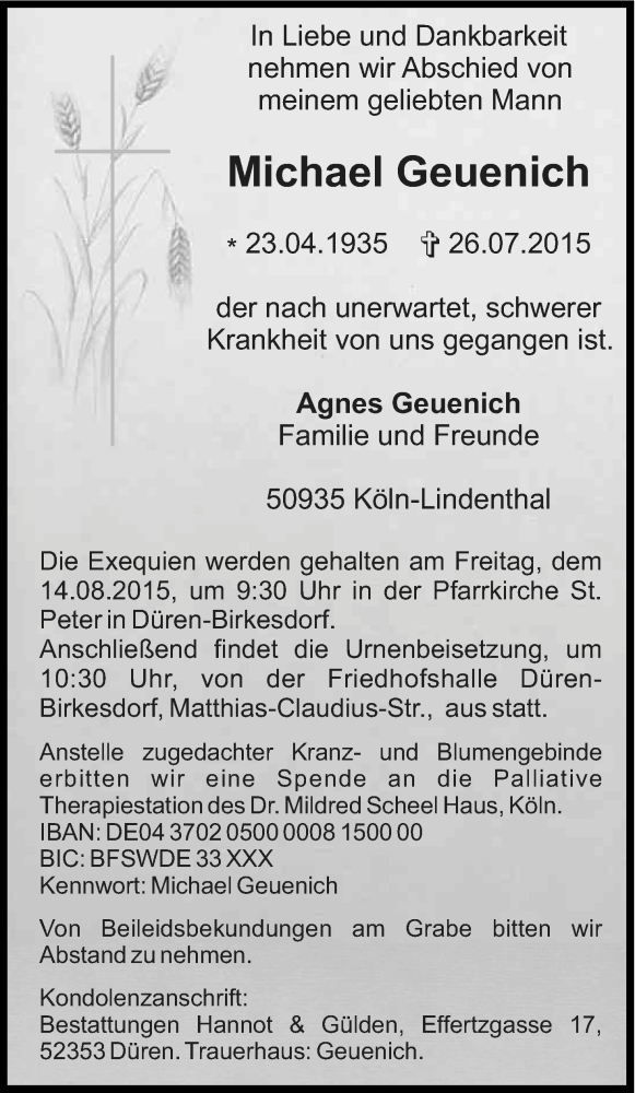  Traueranzeige für Michael Geuenich vom 05.08.2015 aus Kölner Stadt-Anzeiger / Kölnische Rundschau / Express