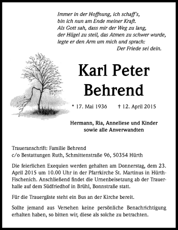 Anzeige von Karl Peter Behrend von Kölner Stadt-Anzeiger / Kölnische Rundschau / Express