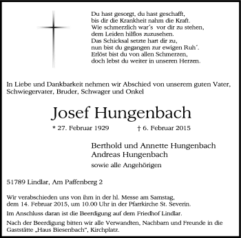 Anzeige von Josef Hungenbach von Kölner Stadt-Anzeiger / Kölnische Rundschau / Express