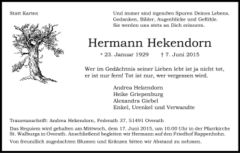 Anzeige von Hermann Hekendorn von Kölner Stadt-Anzeiger / Kölnische Rundschau / Express