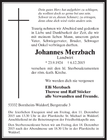 Anzeige von Johannes Merzbach von  Schaufenster/Blickpunkt  Schlossbote/Werbekurier 
