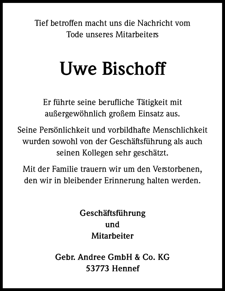  Traueranzeige für Uwe Bischoff vom 22.08.2015 aus Kölner Stadt-Anzeiger / Kölnische Rundschau / Express