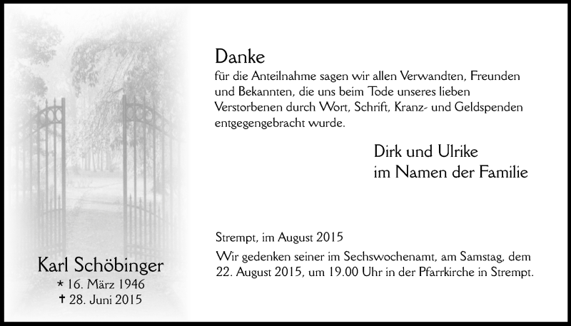  Traueranzeige für Karl Schöbinger vom 16.08.2015 aus  Blickpunkt Euskirchen 