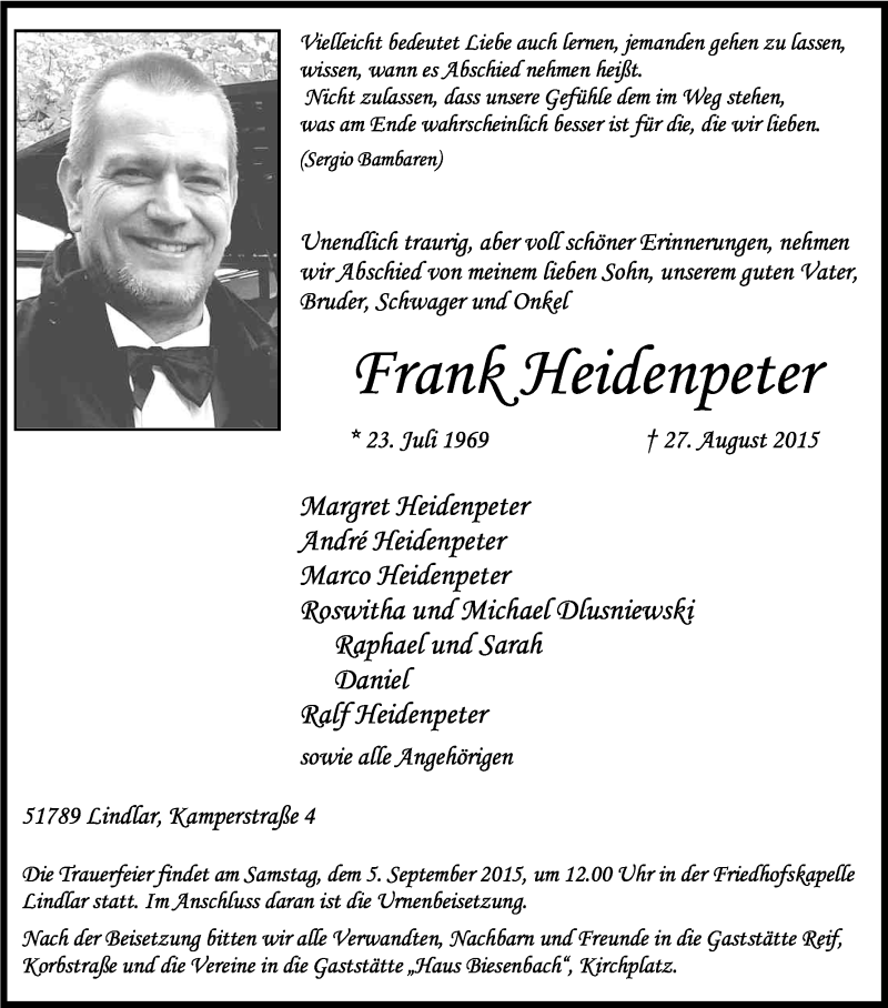  Traueranzeige für Frank Heidenpeter vom 02.09.2015 aus Kölner Stadt-Anzeiger / Kölnische Rundschau / Express