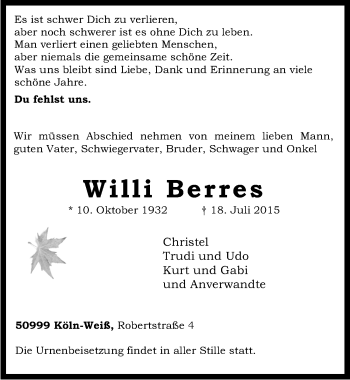Anzeige von Willi Berres von  Kölner Wochenspiegel 