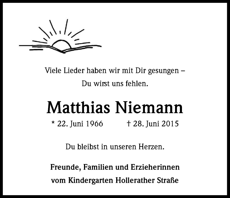  Traueranzeige für Matthias Niemann vom 04.07.2015 aus Kölner Stadt-Anzeiger / Kölnische Rundschau / Express