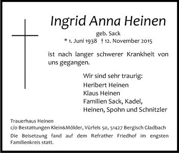Anzeige von Ingrid Anna Heinen von Kölner Stadt-Anzeiger / Kölnische Rundschau / Express