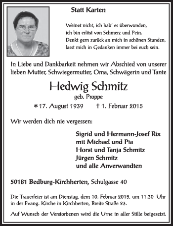 Anzeige von Hedwig Schmitz von  Sonntags-Post 