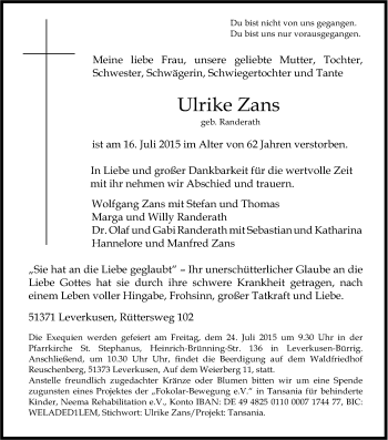 Anzeige von Ulrike Zans von Kölner Stadt-Anzeiger / Kölnische Rundschau / Express