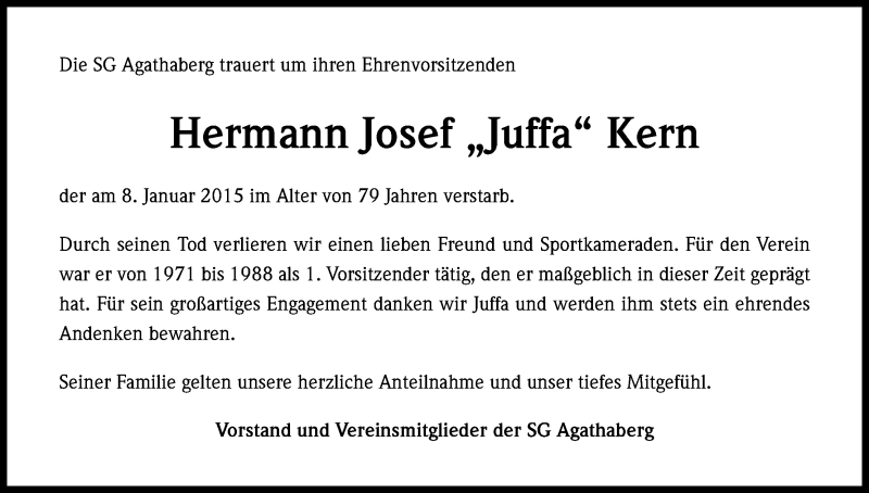  Traueranzeige für Hermann Josef Kern vom 14.01.2015 aus Kölner Stadt-Anzeiger / Kölnische Rundschau / Express