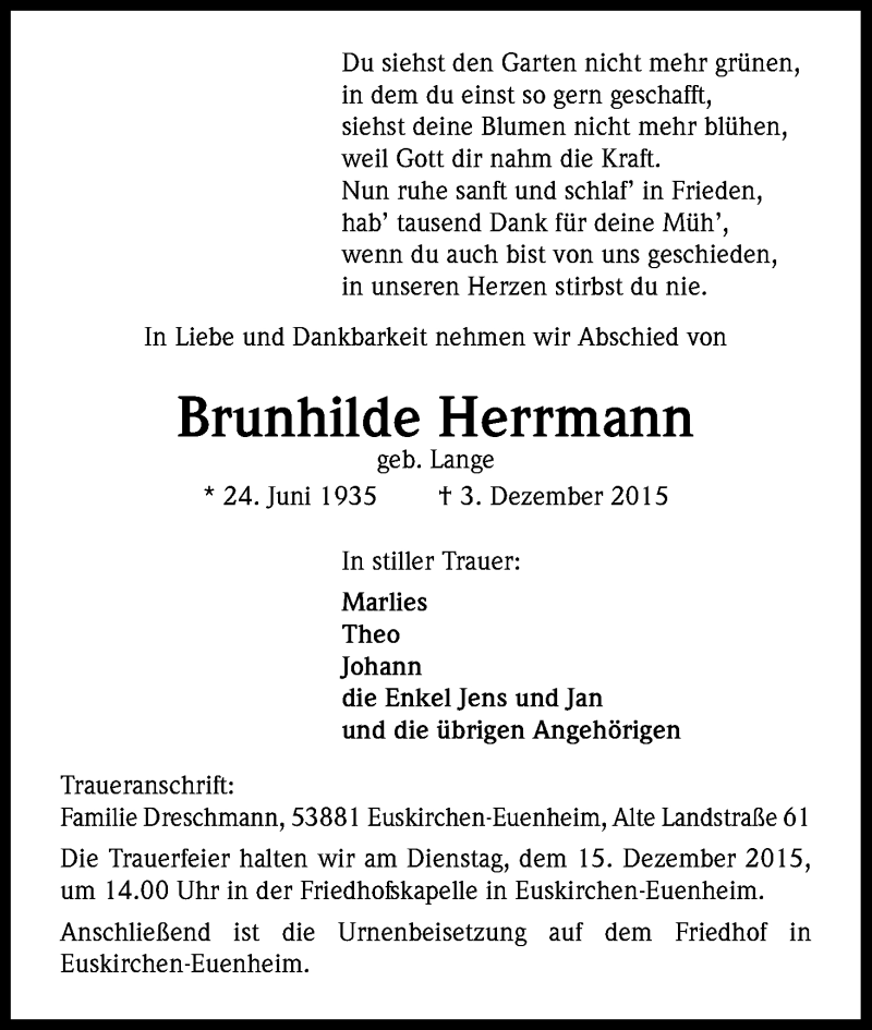 Traueranzeige für Brunhilde Herrmann vom 10.12.2015 aus Kölner Stadt-Anzeiger / Kölnische Rundschau / Express