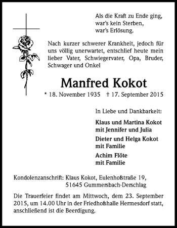 Anzeige von Manfred Kokot von Kölner Stadt-Anzeiger / Kölnische Rundschau / Express