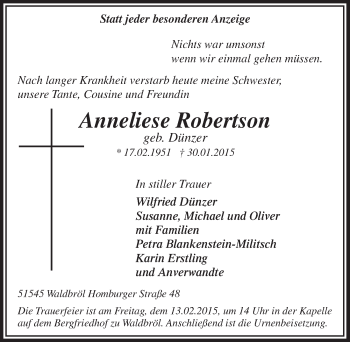 Anzeige von Anneliese Robertson von  Lokalanzeiger 