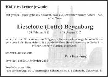 Anzeige von Lieselotte Beyenburg von  Werbepost 