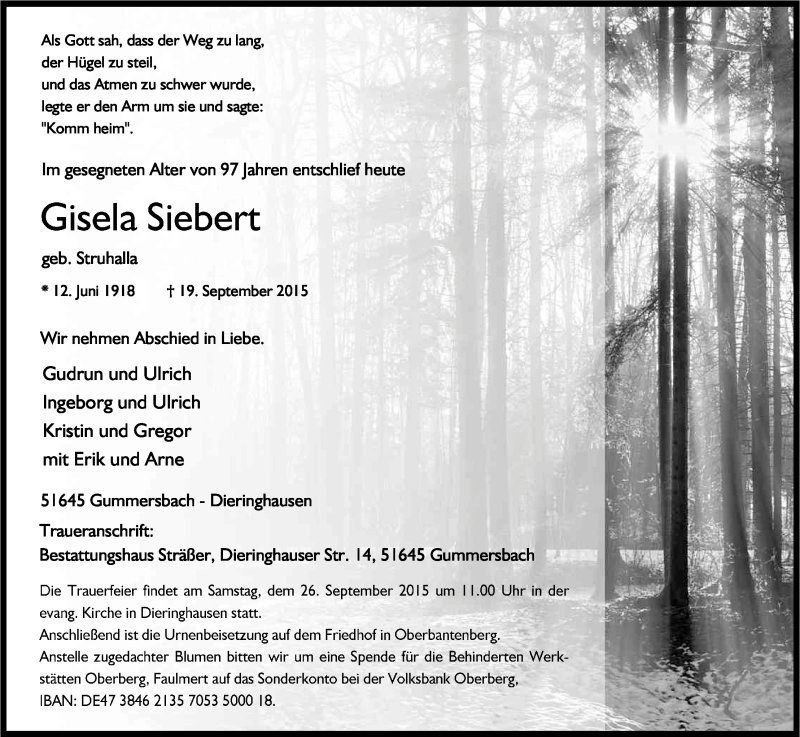 Traueranzeige für Gisela Siebert vom 24.09.2015 aus Kölner Stadt-Anzeiger / Kölnische Rundschau / Express