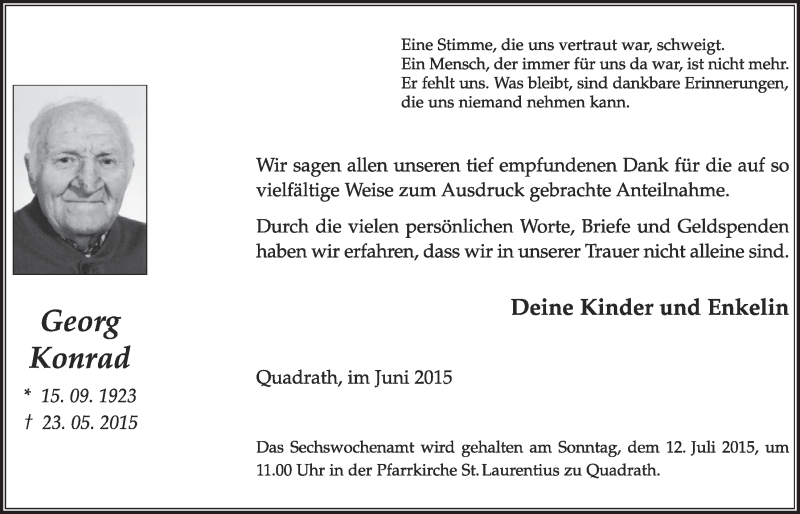  Traueranzeige für Georg Konrad vom 04.07.2015 aus  Sonntags-Post 