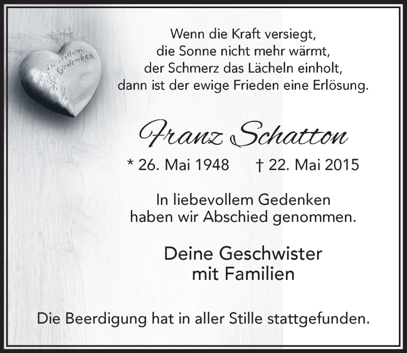 Traueranzeige für Franz Schatton vom 30.05.2015 aus  Leverkusener Wochenende 
