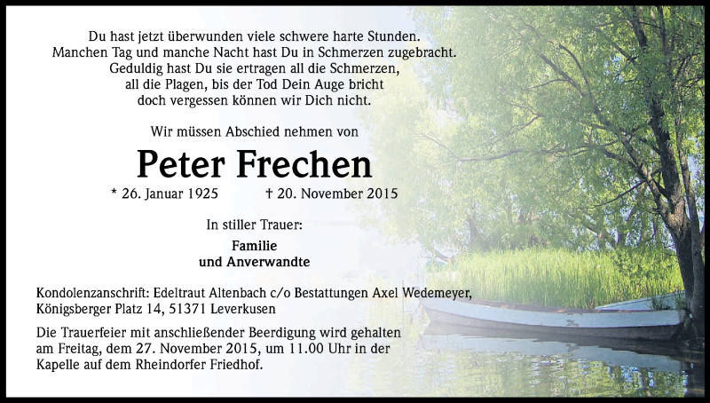  Traueranzeige für Peter Frechen vom 25.11.2015 aus Kölner Stadt-Anzeiger / Kölnische Rundschau / Express