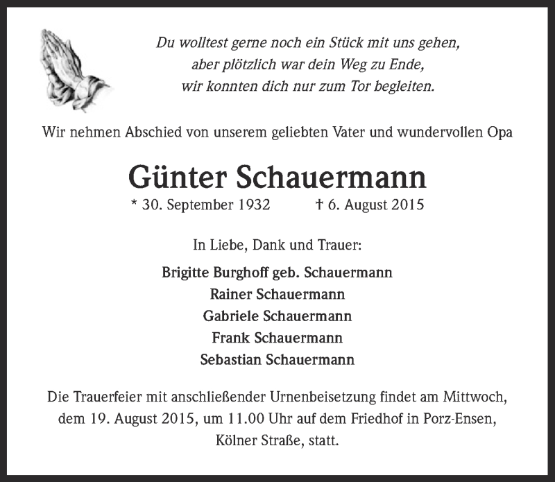  Traueranzeige für Günter Schauermann vom 12.08.2015 aus  Kölner Wochenspiegel 