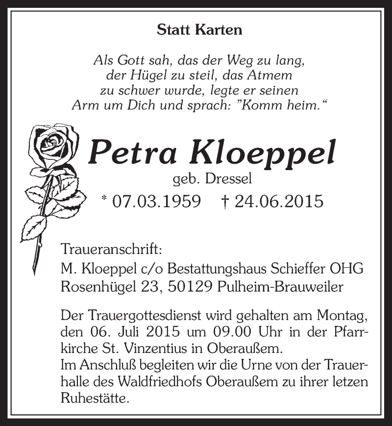  Traueranzeige für Petra Kloeppel vom 01.07.2015 aus  Werbepost 