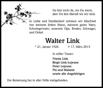 Anzeige von Walter Link von Kölner Stadt-Anzeiger / Kölnische Rundschau / Express