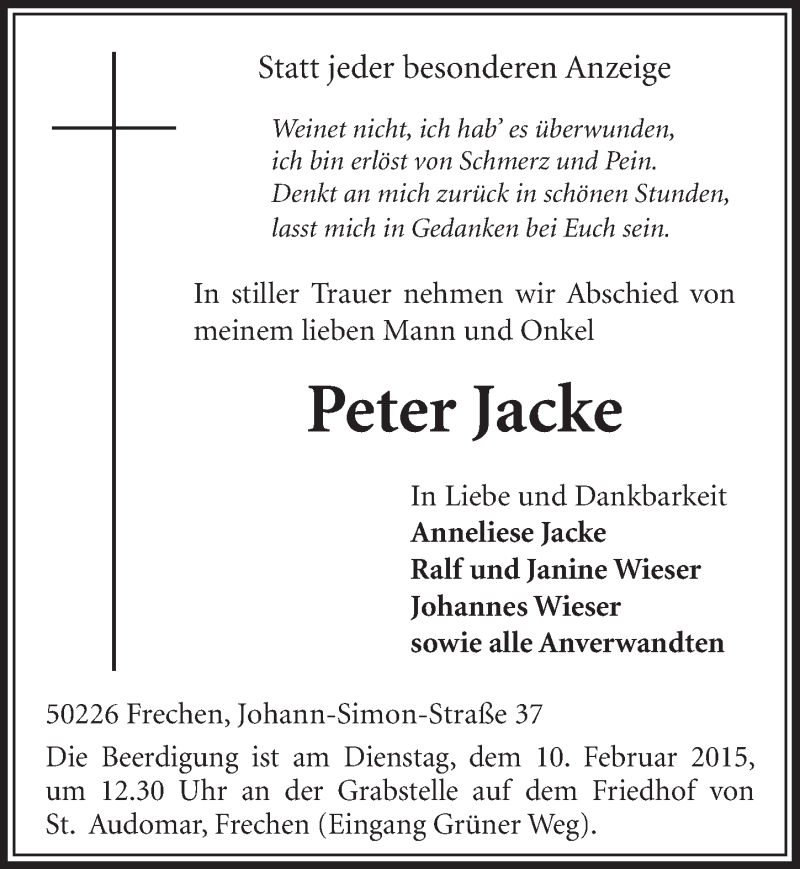  Traueranzeige für Peter Jacke vom 07.02.2015 aus  Sonntags-Post 