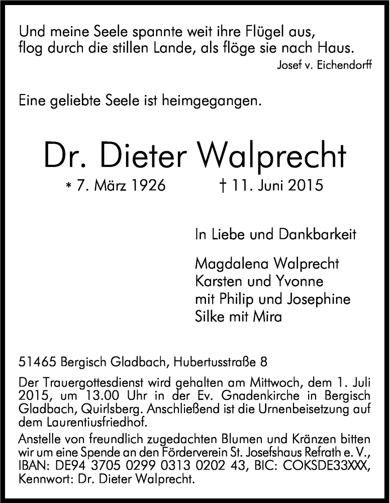  Traueranzeige für Dieter Walprecht vom 20.06.2015 aus Kölner Stadt-Anzeiger / Kölnische Rundschau / Express