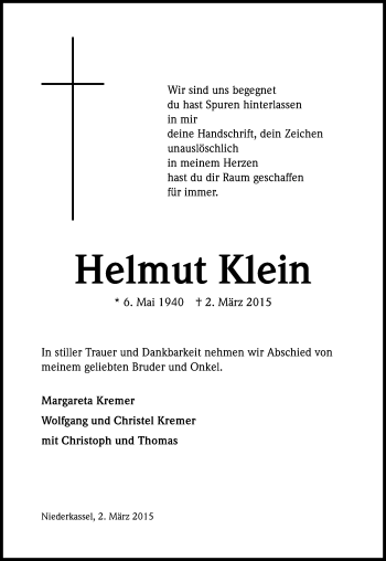Anzeige von Helmut Klein von Kölner Stadt-Anzeiger / Kölnische Rundschau / Express