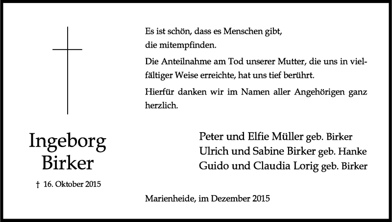  Traueranzeige für Ingeborg Birker vom 04.12.2015 aus Kölner Stadt-Anzeiger / Kölnische Rundschau / Express