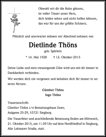 Anzeige von Dietlinde Thöns von Kölner Stadt-Anzeiger / Kölnische Rundschau / Express