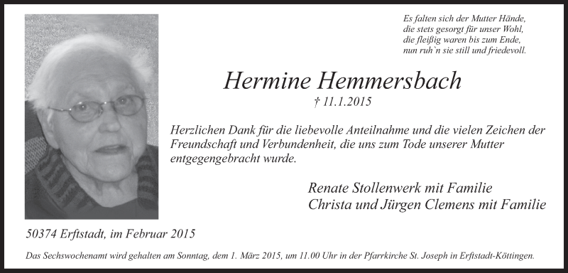  Traueranzeige für Hermine Hemmersbach vom 25.02.2015 aus  Werbepost 
