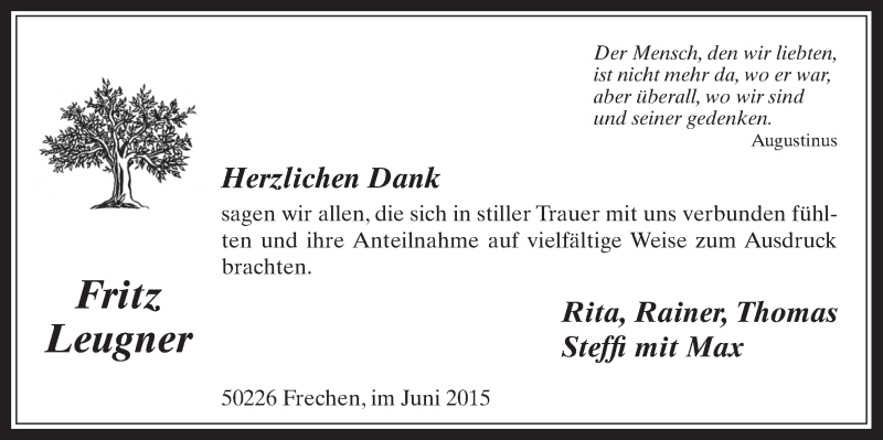  Traueranzeige für Fritz Leugner vom 10.06.2015 aus  Wochenende 