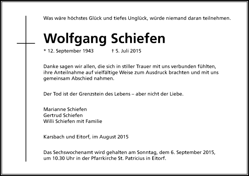  Traueranzeige für Wolfgang Schiefen vom 29.08.2015 aus Kölner Stadt-Anzeiger / Kölnische Rundschau / Express