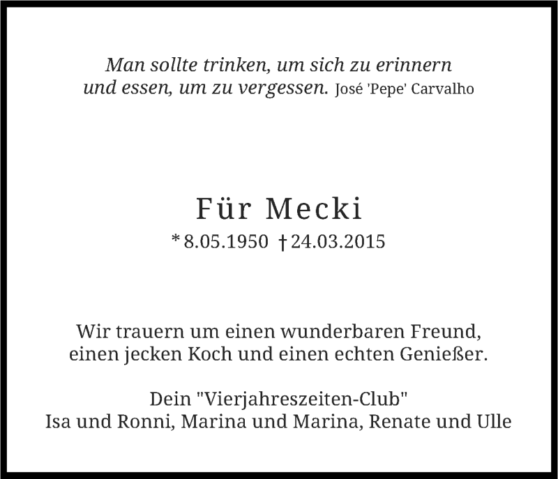  Traueranzeige für Mecki Hülsberg vom 04.04.2015 aus Kölner Stadt-Anzeiger / Kölnische Rundschau / Express
