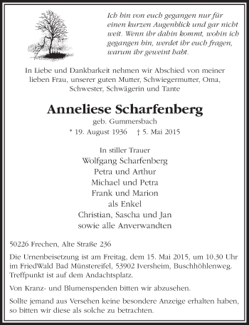 Anzeige von Anneliese Scharfenberg von  Sonntags-Post 