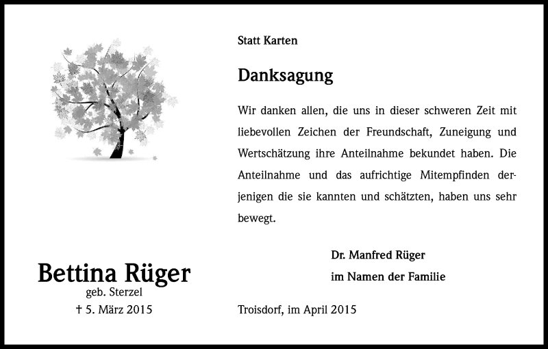  Traueranzeige für Bettina Rüger vom 04.04.2015 aus Kölner Stadt-Anzeiger / Kölnische Rundschau / Express
