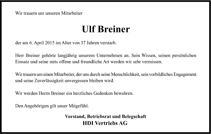  Traueranzeige für Ulf Breiner vom 18.04.2015 aus Kölner Stadt-Anzeiger / Kölnische Rundschau / Express