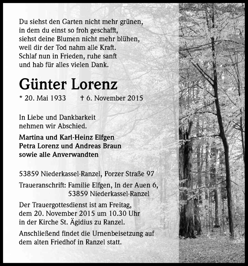  Traueranzeige für Günter Lorenz vom 14.11.2015 aus Köln - Wir Trauern