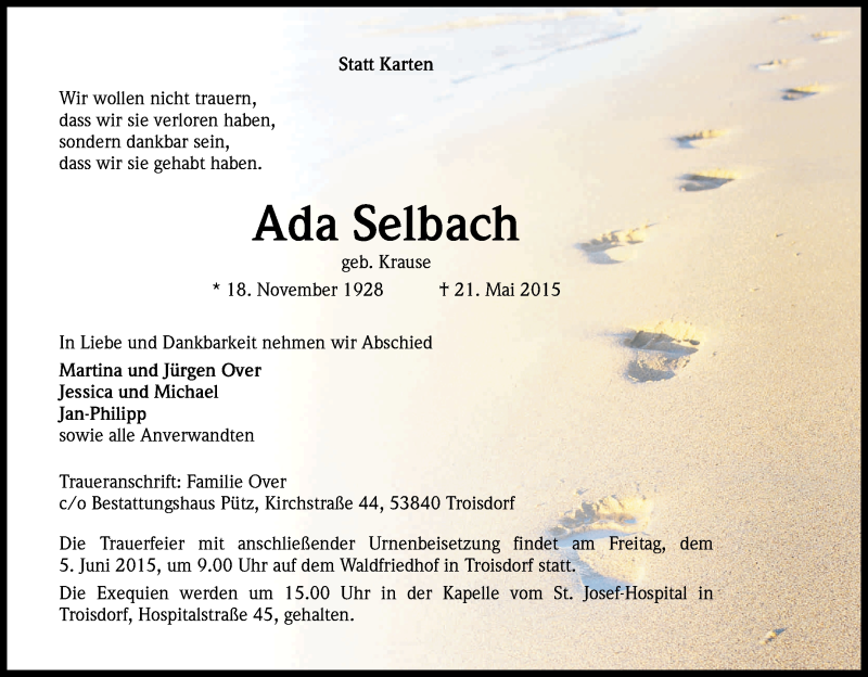  Traueranzeige für Ada Selbach vom 30.05.2015 aus Kölner Stadt-Anzeiger / Kölnische Rundschau / Express